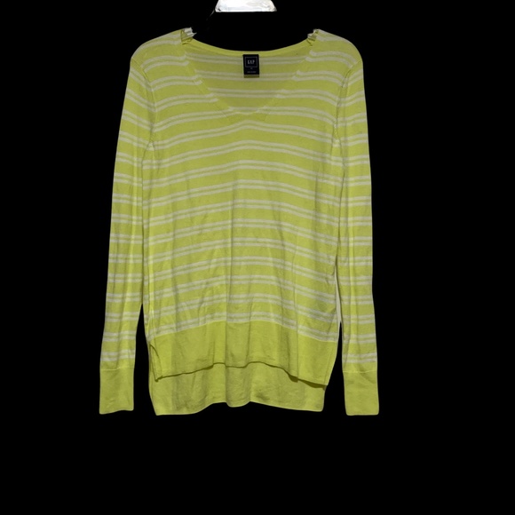 Women’s GAP Striped Neon Yellow V-Neck Sweater Sz XS - Picture 1 of 4